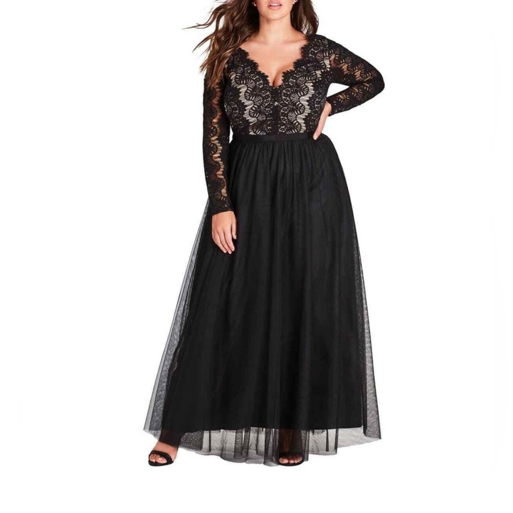City Chic Rare Beauty Long Sleeve Maxi Dress Lace Gala Wedding Night Gown 14